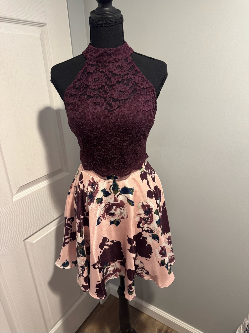 City Triangles Burgundy Lace Halter Top with Pink Floral Skirt